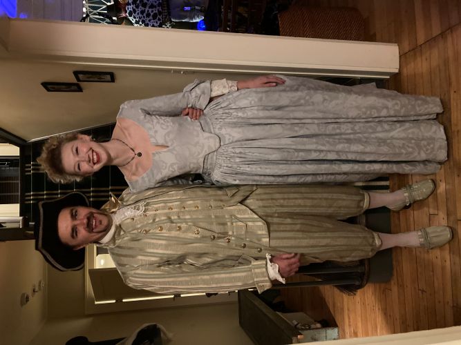 Hannah and fianc&eacute; Aaron in 18th century period clothing she designed.